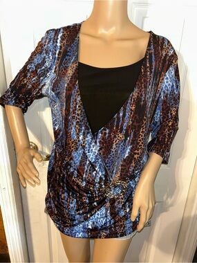 American City Wear Blue and Brown Leopard Print blouse